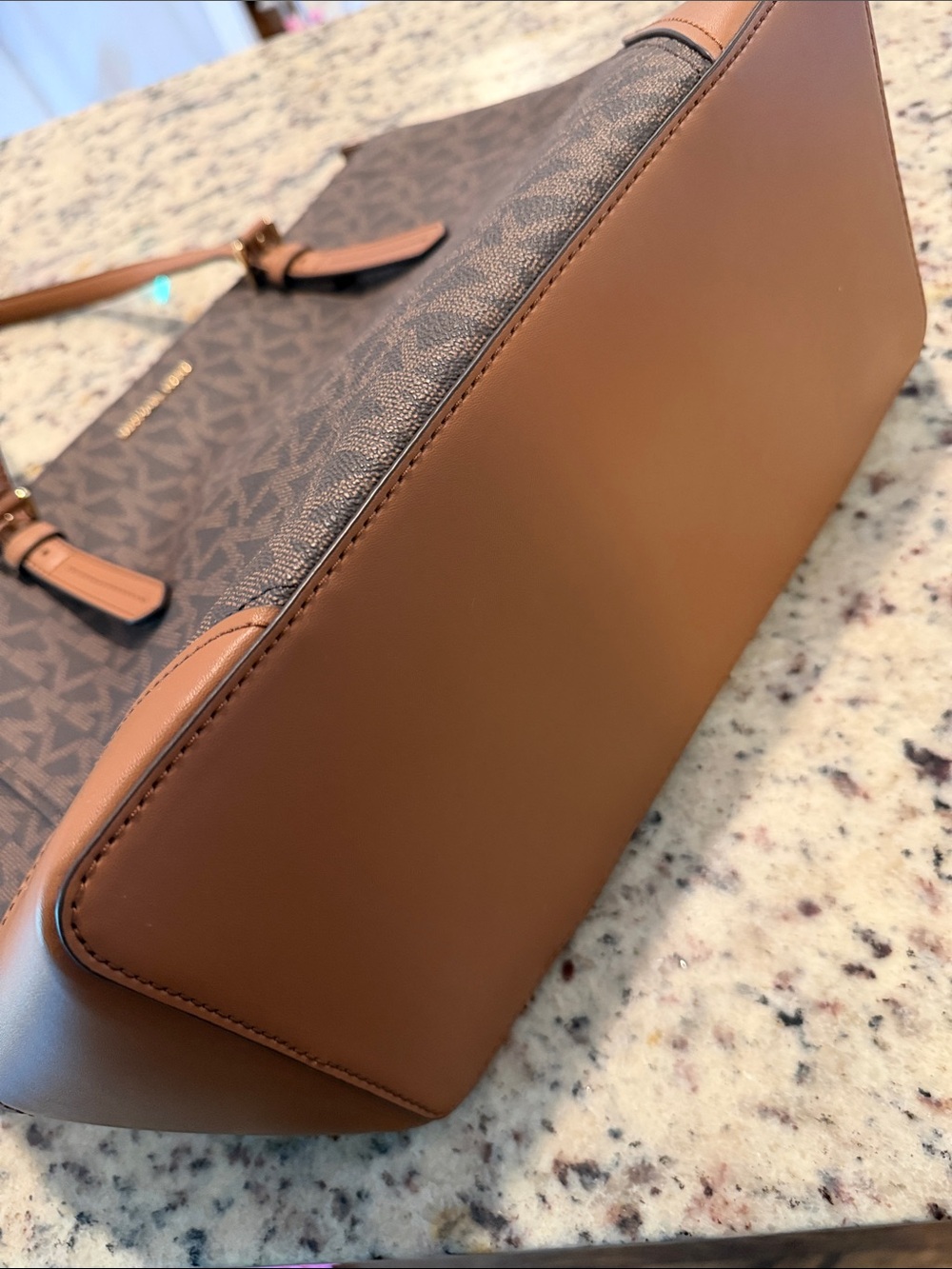 Michael Kors Aria Brown Logo Tote with Tan Trim and Gold Logo - Picture 10 of 16